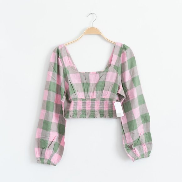 bp Tops - BP Womens Pink Green Buffalo Check Smocked Crop Top Size Medium